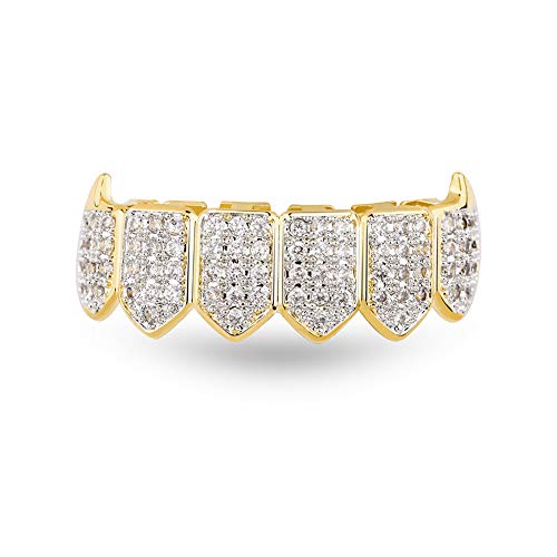 TOPGRILLZ 18k Gold Plated Iced Out Rhinestone Micropave CZ Lower Bottom Grillz Set with 2 Extra Molding Bars (Vampire Gold)