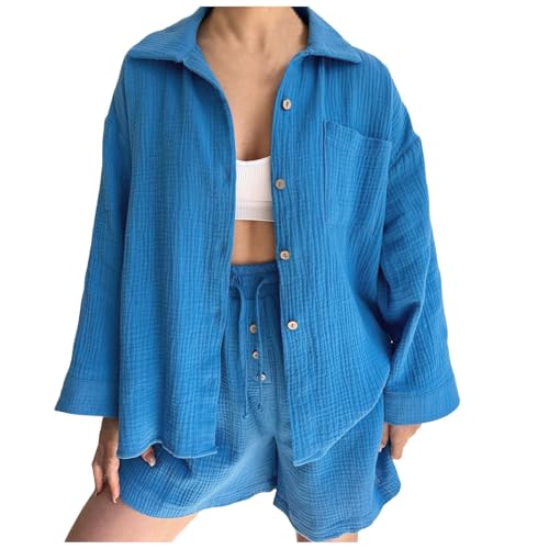 Conjunto de Pantalones Cortos y Camisa de Manga Larga para Mujer Traje Elegante de Dos Piezas con Diseño Moderno y Versátil (Blue, M)