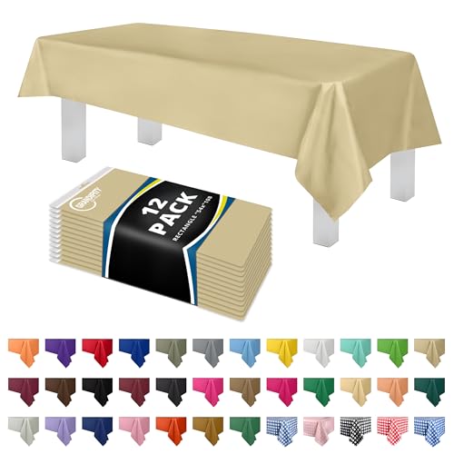 Image of Grandipity Plastic Table Cloth Disposable 12 Pack 54 inch x 108 inch Rectangle | Beige Plastic table covers, durable disposable tablecloths, fade and tear-resistent table cover for party, event