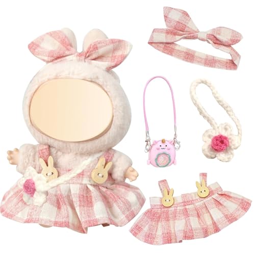 TERRIFI for Labubu Set of 4-17 cm Doll Clothes DIY Outfit for Labubus Dolls Pink Plaid Suspender Skirt with Flower Bag Adorable Plush Doll Clothes & Accessories Cute Outfit for Girls Boys Gift