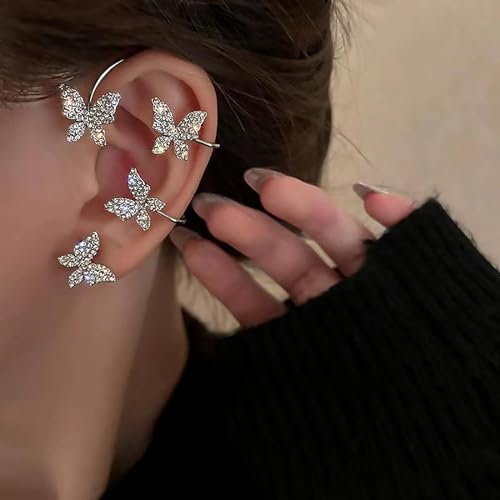 2Pcs Butterfly Earrings For Women No Piercing Butterfly Flower Climber Wrap Earrings Fairy Tassel Zircon Butterfly Ear Clip Cuffs3