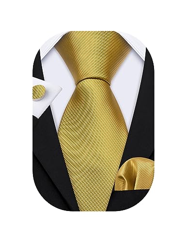 Barry.Wang Classic Mens Ties Silk Necktie Pocket Square Cufflinks Set Woven Designer Wedding Business, Gold, One size