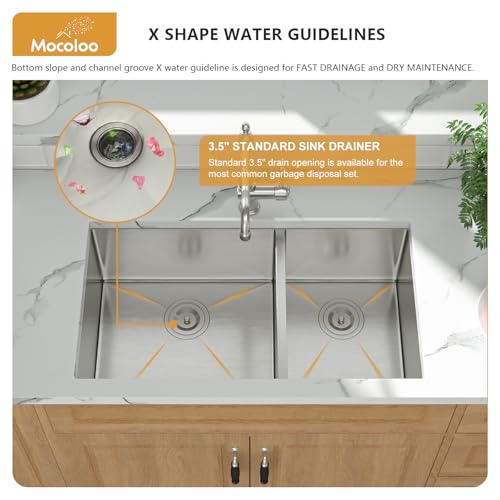Mocoloo 33 Inch Undermount Kitchen Sink Double Bowl - 60/40 Stainless Steel Double Bowl Under Counter 16 Gauge Kitchen Sinks Handmade, 33x19x10 Inch