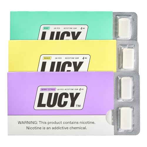 Lucy Nicotine Gum 4mg, 30 Count [Sample Pack] - Discreet, Take On-The-Go | Contains Berry Citrus, Mango, Mint Flavors