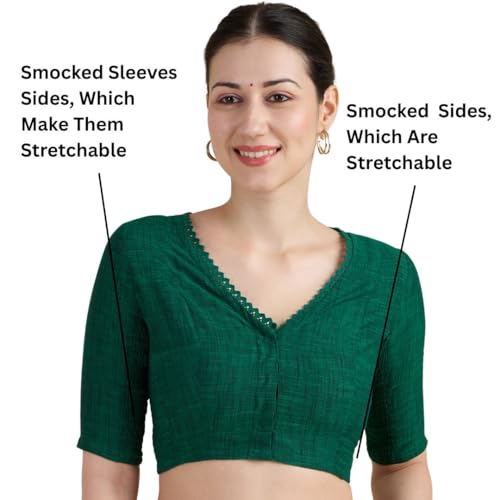 Image of Studio Shringaar Women's Handloom Cotton Side Stretchable (Smocked) Readymade Saree Blouse with Crochet Neckline