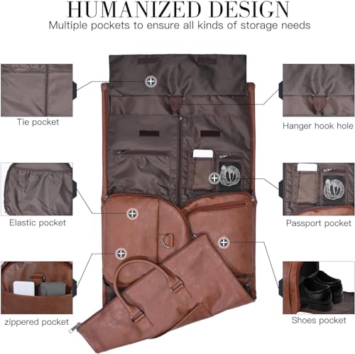 Image of Bayne Convertible Large Size Garment Duffel Bag for Travel, Carry on Garment Duffel Bag for Men and Women - 2 in 1 Hanging Suitcase Suit Travel Bag (Faux Leather, Brown)
