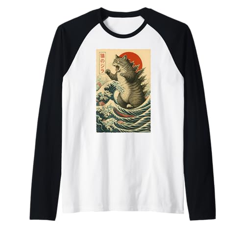 Regalos divertidos para amantes de los gatos Catzilla vintage, arte japonés Camiseta Manga Raglan
