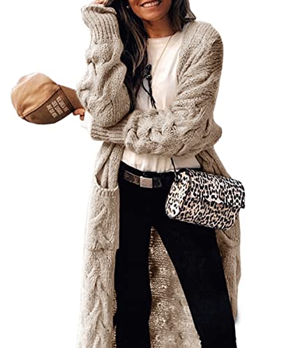 Tongmingyun Strickjacke Damen Lang Cardigan Grobstrick Langärmelige Strickmantel Damen Warm Elegant Open Front Sweater Winter Beige M