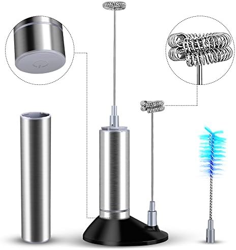 Koeson Milk Frother Handheld Electric Foam Maker for Coffee, Latte, Battery Operated Drink Mixer With 2 Detachable Stainless Steel Whisks, a Pedestal, a Clean Brush and a Storage Tube,Gray