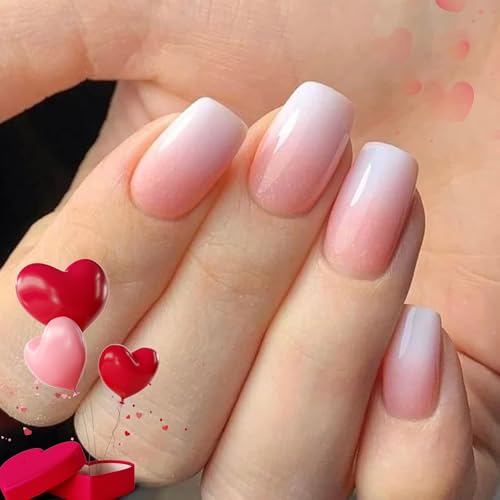 Modelones Pink Ombre Press on Nails, Valentines Short Square Fake Nails, Reusable Nail Kit with Nail...