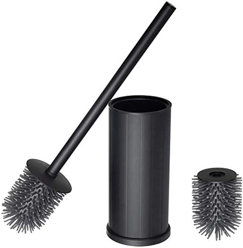 Toilet Brush , 2 Loo Brushes Heads Replaceable, Antibacterial No Rusting, Upgraded Modern Design Silicone Toilet Brush Cleaner Set for Bathroom (Black)