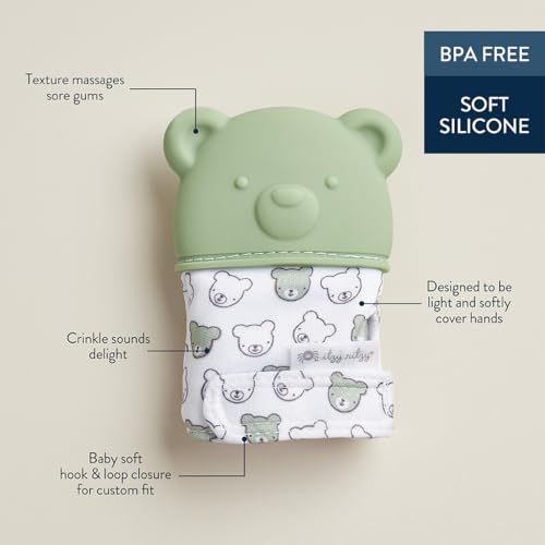 Image of Itzy Ritzy Silicone Teething Mitt - Soothing Infant Teething Mitten with Adjustable Strap, Crinkle Sound & Textured Silicone to Soothe Sore & Swollen Gums - for Ages 3 Months & Up (Bear)