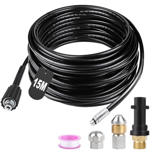 SWAWIS Manguera Limpieza Tuberías 15M 180 Bar Manguera Hidrolimpiadora Manguera Desatascador Tuberias a Presion con Boquillas Rígidas + Giratorias, Adaptador para Kärcher K2 K3 K4 K5 K6 K7