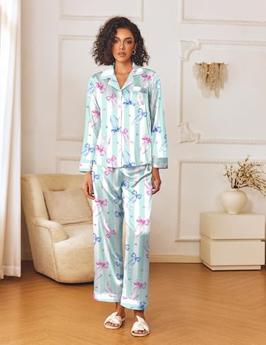 Image of Ekouaer Womens Silk Satin Pajama Sets 2 Piece Sleepwear Pjs Set Long Sleeve Button Down Top and Pants Stripe Loungewear S-XXL