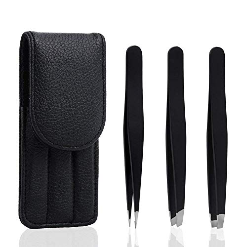 bC BimeTALliC CAble Stainless Steel Tweezers Slanted, Pointed and Flat Tip for The Removal of Facial, Ingrown Hairs, Splinters and The Treatment of Blackheads, Black