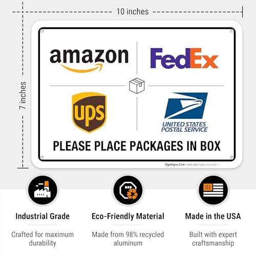 Image of Package Delivery Sign, Please Leave Packages Here Sign, FedEx, Amazon, UPS, USPS, 10x7 Inches, Rust Free .040 Aluminum, Fade Resistant, Made in USA by Sigo Signs