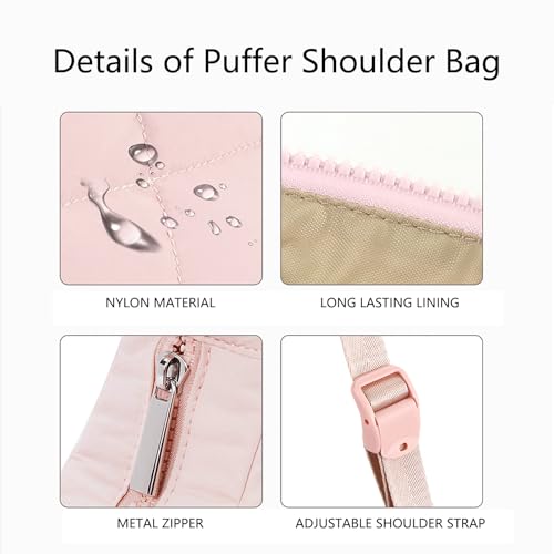 Image of Small Puffer Bag, Crescent Shoulder Bag for Women,Nylon Quilted Tote Handbags with Adjustable Strap (Pink)