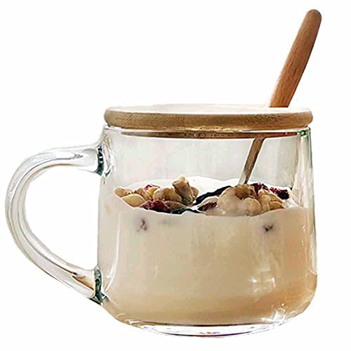 TAMUME 380ML Tazón de Vidrio para Cereales para Microondas, Taza de Desayuno con Tapa de Madera y Cuchara