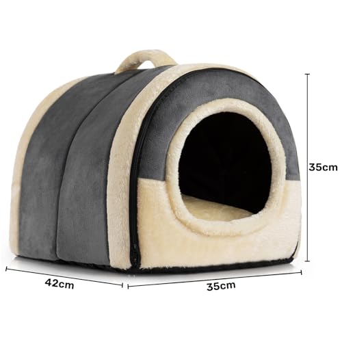Hollypet Katzenbett Kleines Hundebett, 2-in-1 Faltbare Haustierbett für Katzen & Kleine Hunde, Warmes Höhlennest Kristallsamt-Katzenhöhle Indoor Outdoor, Dunkelgrau