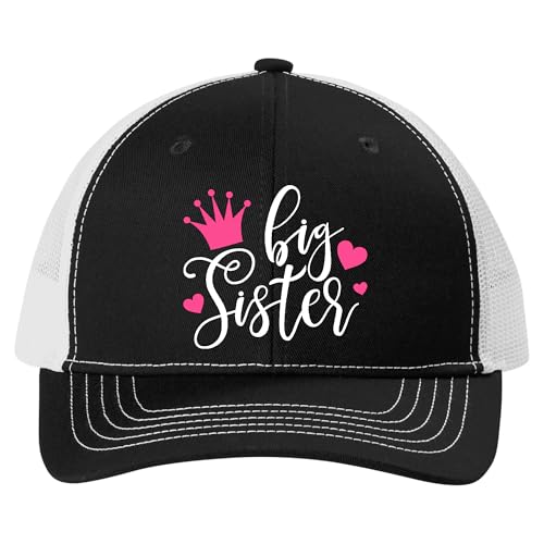 Trenz Shirt Company Youth Girls Big Sis Cursive with Crown Hearts Mesh Back Trucker Hat - Big Sister Gift for Toddler