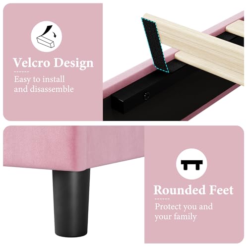 GAOMON Pink Twin Bed Frame with Upholstered Headboard, Heavy-Duty Platform Bed Frame with Strong Wood Slats, No Box Spring Needed/Noise Free/Easy Assembly
