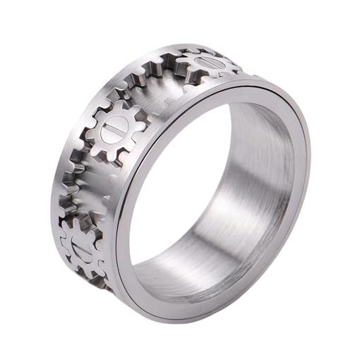 Fidget Rotatable Gear Spinner Ring - Titanium Steel Steampunk Mechanical Anxiety Relief Ring, Silver Unisex Accessory for EDC