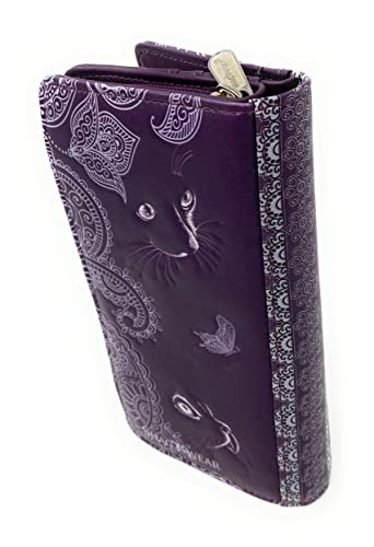 Shag Wear Shadow Cat Large Wallet for Women and Teen Girls Vegan Faux Leather Purple 7"3