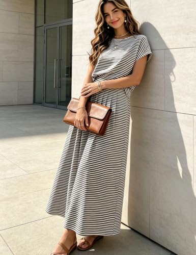 Image of Zontroldy Women's Summer 2 Piece Outfits Striped Skirt Sets Cap Sleeve Crop Top Midi Dress Matching Travel Outfits