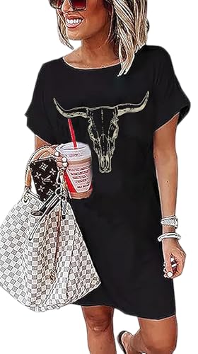 Image of Vintage Rock Country Music Dress for Women Rock Concert Band Graphic Tshirt Casual Letter Print Short Dress