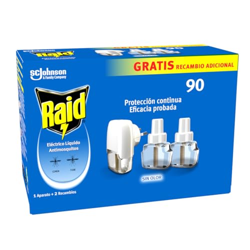 Raid Líquido Eléctrico, protección frente al mosquito común y tigre, hasta 90 noches de protección, sin olor, 1 aparato + 2 recambios 2x27ml