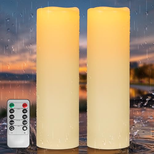 Image of 14 inch x 4 inch Large Outdoor Candles Waterproof Flickering LED Flameless Candles Battery Operated with Timer - Realistic LED Pillar Candles with Remote for Wedding Festival Home Decor Ivory 2 Pack