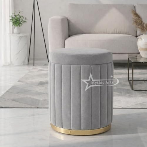 Image of Round Strip Stool with Cushion Foot Rest Office Stool Pouf Ottoman Padded Seat in Living Room - Grey