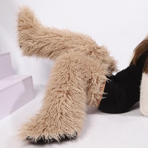 Image of Black Thigh High Fur Boots, Over the Knee Fluffy High Boots, Tall Furry shoes for Women