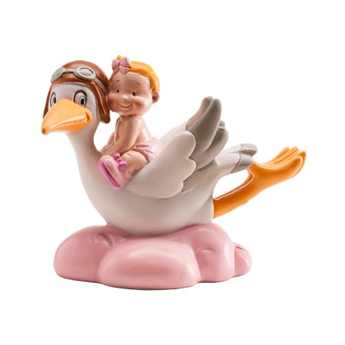 dekora - Figurine de Décoration de Baptême Fille 10 cm, Cigogne Volant avec Un Bébé, Cake Topper pour Gâteaux de Baptême, Baby Shower et Cérémonies