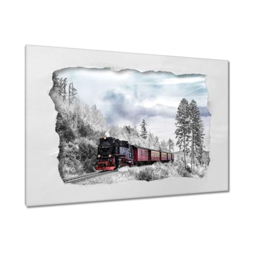 Décoration murale train paysage d'hiver tableau sur toile 120x80 cm