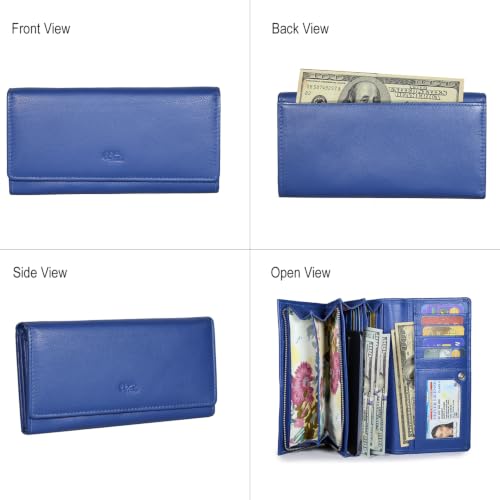 Image of Women's Top Grain Leather Wallet, RFID Blocking Bifold clutch, 17 Card Slots, Zip Pocket Organizer, Elegant Gift for Women - Birthday, Valentine, Anniversary - ROYAL BLUE