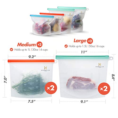 Homelux Theory Reusable Silicone Food Storage Bags Silicone Bags Reusable Bags Silicone Silicone Storage Bags Silicone Food Bags Reusable Silicone Food Bag (2 Large + 2 Medium)