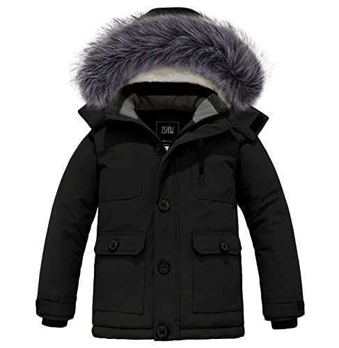ZSHOW Boy's Mid-Length Hooded Winter Coat Windproof Fleece Inner Quilted Parka Thicken Puffer Jacket(Black,14-16)