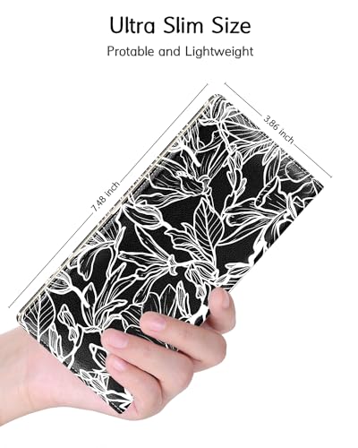 Image of Nipichsha Womens Wallet, RFID Slim Wallets for Women, Thin Ladies Credit Card Holder Purse, Cute Leather Bifold Clutch Billfold with 11 Card Slots & ID Window, Black White Leaf