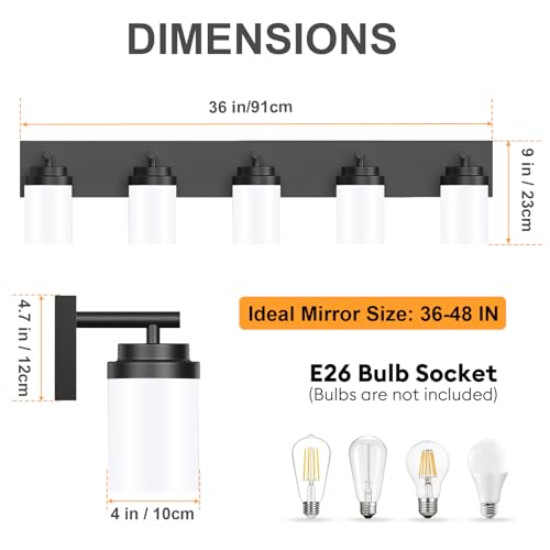 Image of IZORRO Bathroom Vanity Light Fixture, 5-Light 36 Inch Matte Black Bathroom Light Fixtures Over Mirror, with White Glass Shade, Modern Farmhouse Vanity Lights, Rustic Restroom Lighting Fixtures