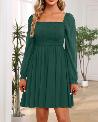 Image of Holipick Women's Casual Square Neck Smocked Dress Shirred Ruffle Puff Sleeve High Waist Cute Flowy A-Line Short Dress