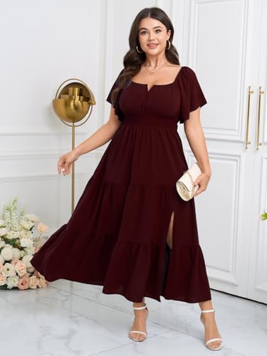 SCOMCHIC Womens Plus Size Maxi Dress Formal Short Sleeve Square Neck Smocked Side Split Flowy A Line Tiered Long Dress2