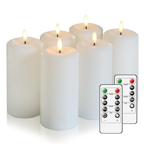 Hinabichan Flameless Candles Battery Operated with Remote and 2/4/6/8 H Timer 6pcs Flickering Fake Electric Candles for Festival Wedding Home Party Decor (D3 x H 6) (White)