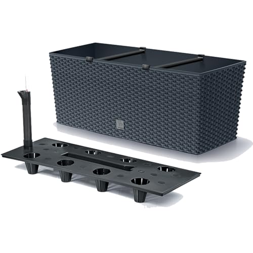 Prosperplast Blumenkasten Planteur Rato Case inkl. Bewässerung, Anthrazit, aus Kunsstoff, in Rattan-Optik, Ideal für den Innen & Außenbereich, 17L, 51,4 x 19,2 x 18,6 cm