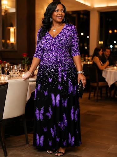 Image of SUZONANA Plus Size Dresses for Women Print Maxi Dresses Flowy 3 /4 Sleeve with Belt