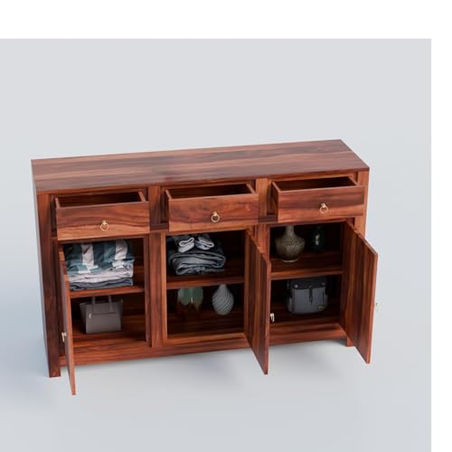 Image of Solid Sheesham Wood Sideboard Cabinet Storage with 3 Door & 3 Drawer Wooden Storage Organizer Cabinet for Home Kitchen Living Room Bedroom Hallway Dinning | Natural Honey Finish | Pre-Assembled