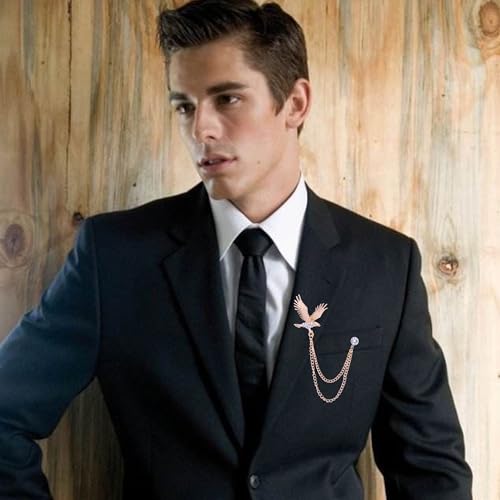 Image of Vintage Hawk Chain Brooch Pin Animal Eagle Bird Long Chain Tassel Suit Lapel Pin Rhinestone Hawk Badge Pin Jewelry for Men Women