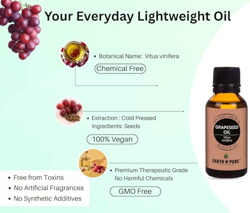 Image of Earth N Pure Grapeseed Oil | 100% Pure & Natural | Cold Pressed Carrier Oil | Lightweight & Fast-Absorbing | For Skin, Hair & Massage | 30ml