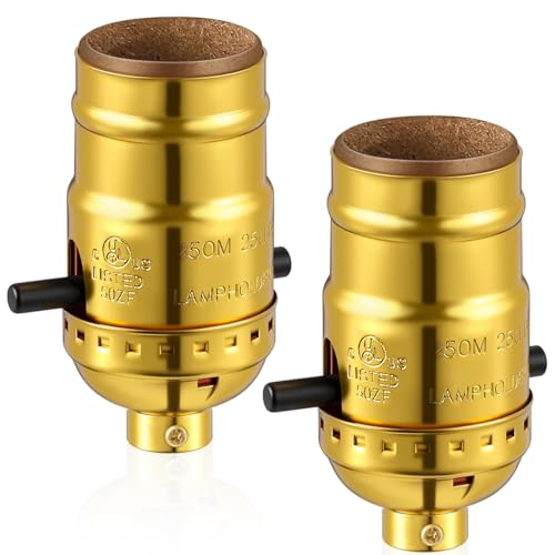 Saysurey 2 Pack Ul Listed Lamp Socket E26 Threaded Lamp Sockets Replacement with On/Off Medium Screw Push Socket Lamps Parts for Floor and Table Lamps DIY Project (Push-in Switch Gold)