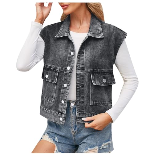 Manteaux boutons veste en jean sans manches femme court denim délavé détruit
